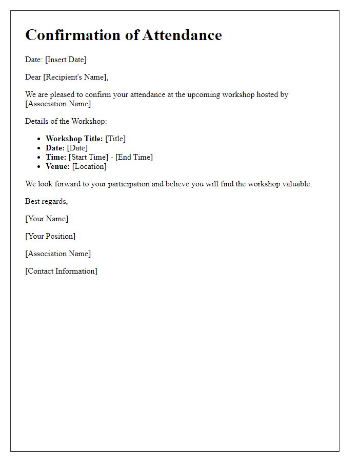 Letter template of confirmed attendance for workshop hosted by association