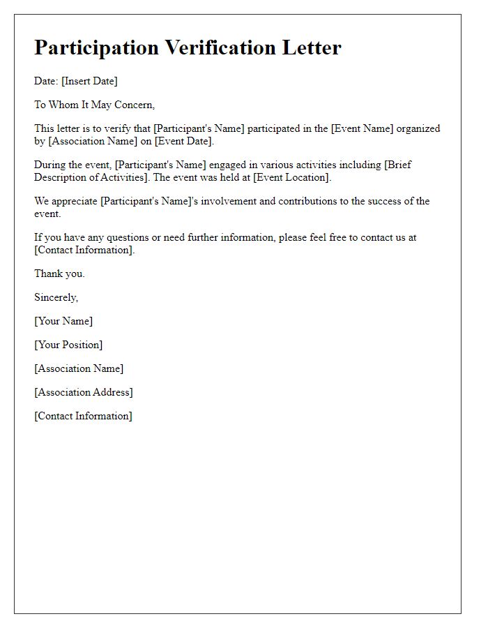 Letter template of participation verification for association event