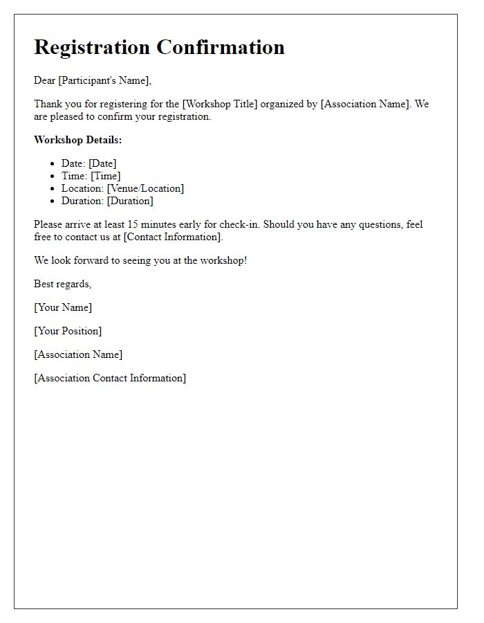 Letter template of registration confirmation for association workshop