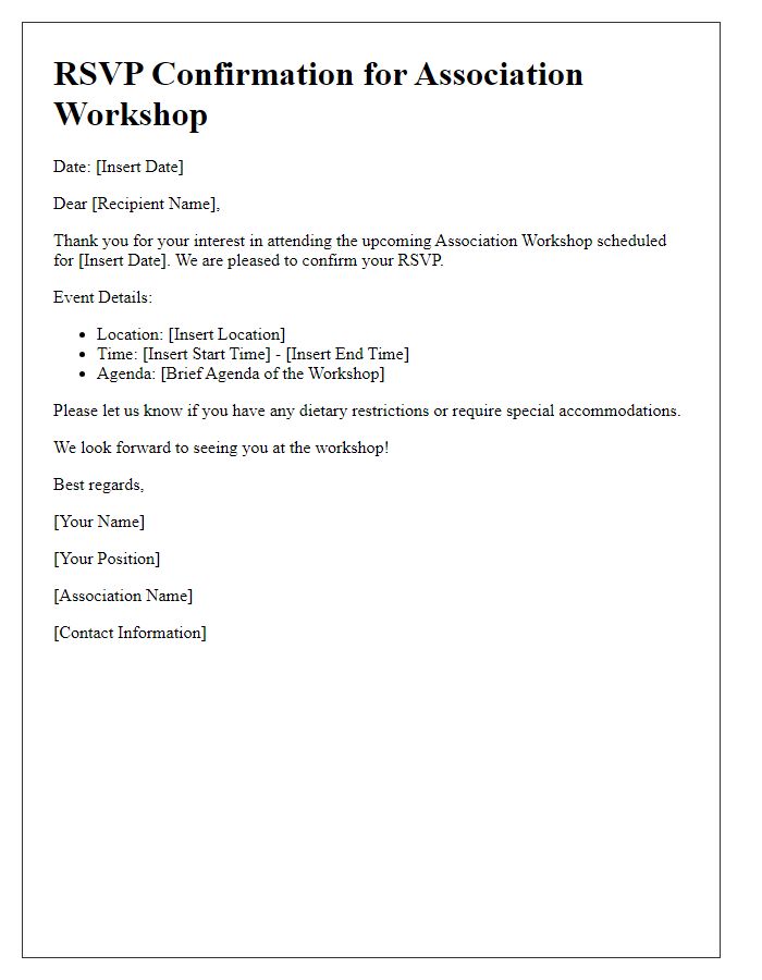 Letter template of RSVP confirmation for association workshop