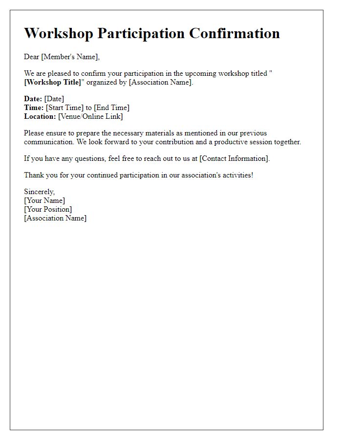 Letter template of workshop participation confirmation for association members