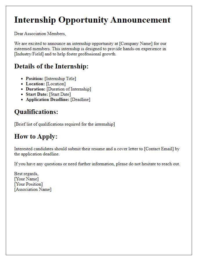 Letter template of internship opportunity announcement for association members