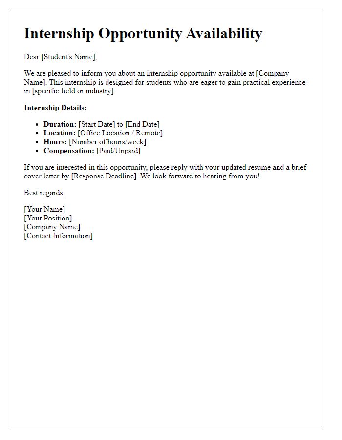 Letter template of internship opportunity availability for student candidates