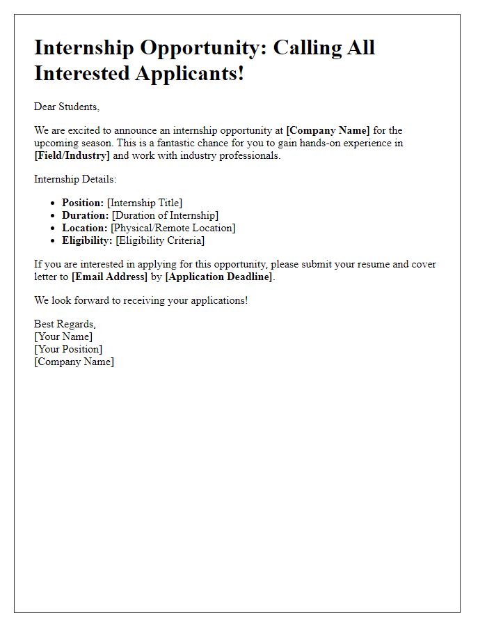 Letter template of internship opportunity call for interested applicants