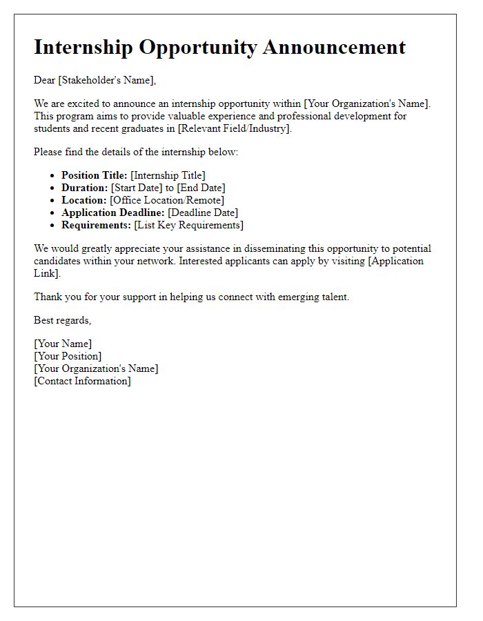 Letter template of internship opportunity dissemination for organizational stakeholders