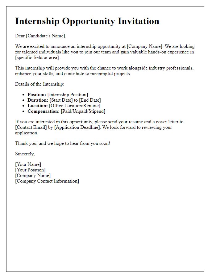 Letter template of internship opportunity invitation for talented individuals