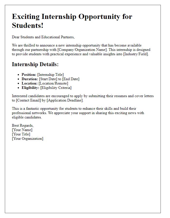 Letter template of internship opportunity news for educational partnerships