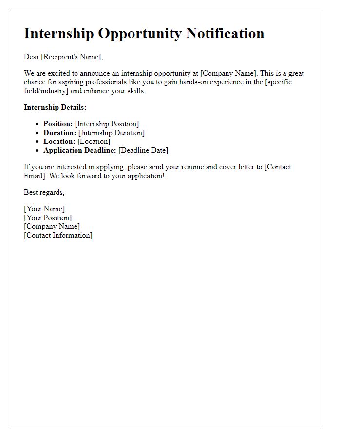 Letter template of internship opportunity notification for aspiring professionals