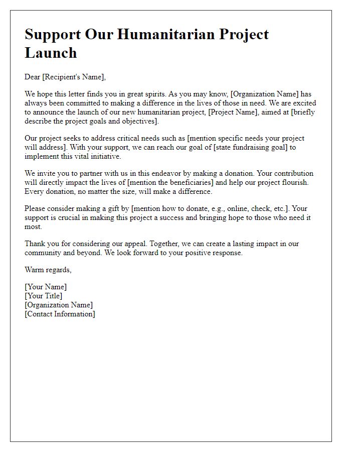 Letter template of fundraising appeal for humanitarian project launch