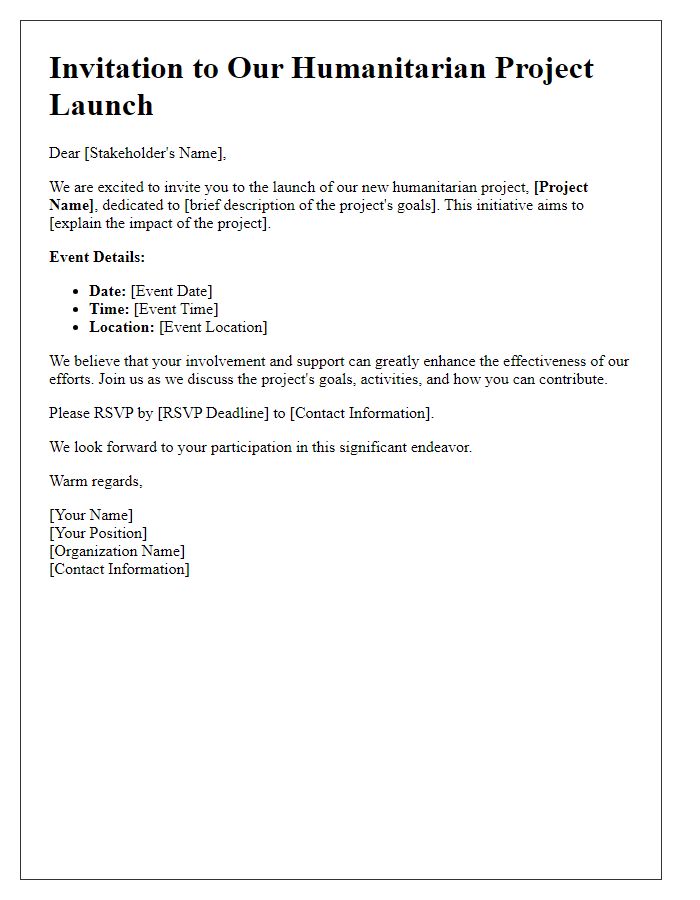 Letter template of humanitarian project launch invitation for stakeholders