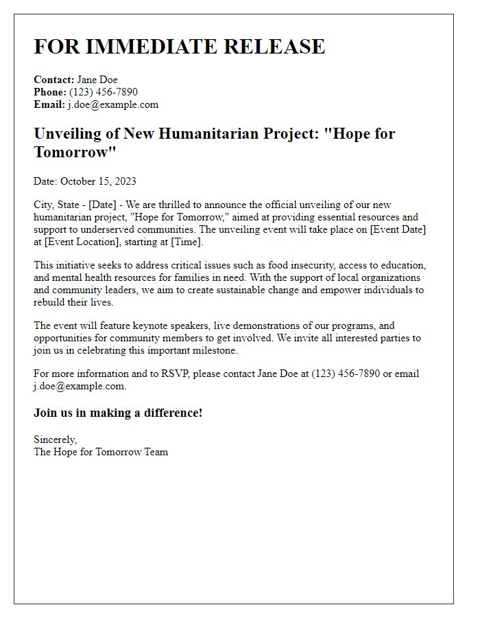 Letter template of press release for the unveiling of a humanitarian project