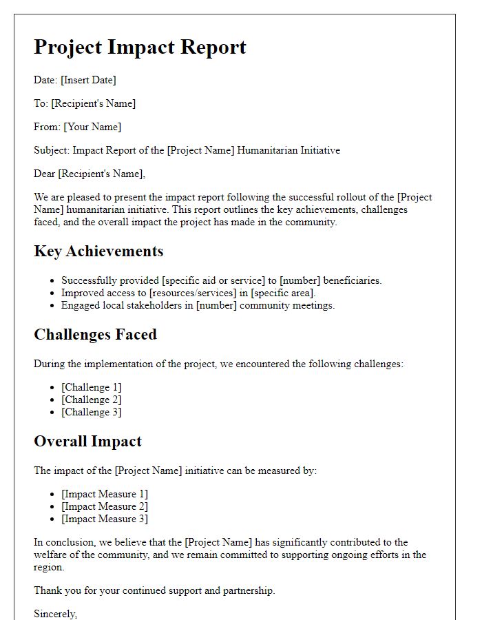 Letter template of project impact report after humanitarian project rollout