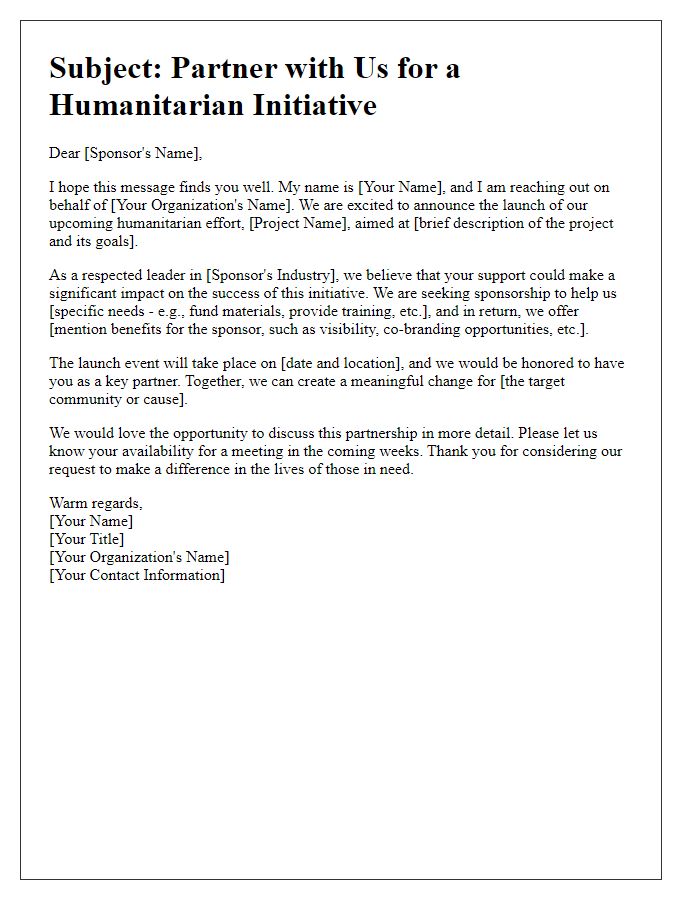 Letter template of sponsor outreach for the launch of a humanitarian effort