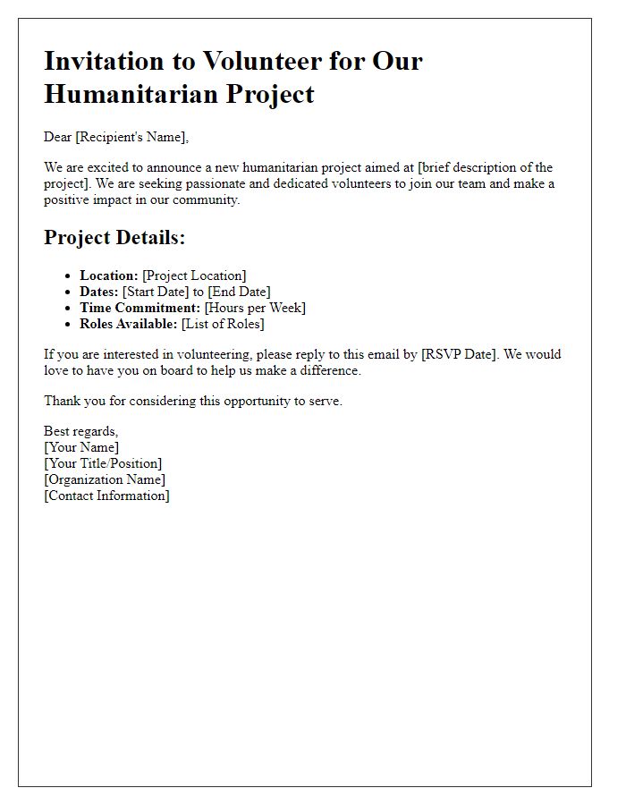 Letter template of volunteering opportunity for humanitarian project start