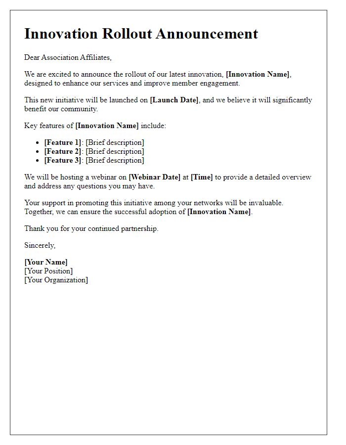 Letter template of innovation rollout announcement for association affiliates