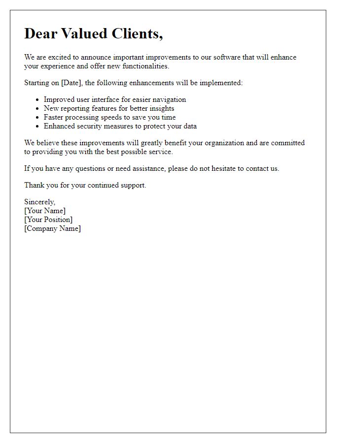 Letter template of software improvement announcement for association clients