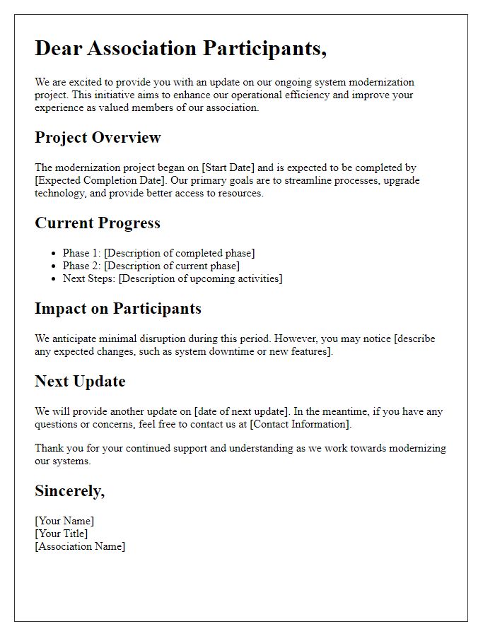 Letter template of system modernization update for association participants