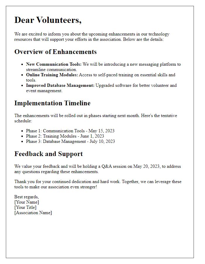 Letter template of tech enhancement details for association volunteers