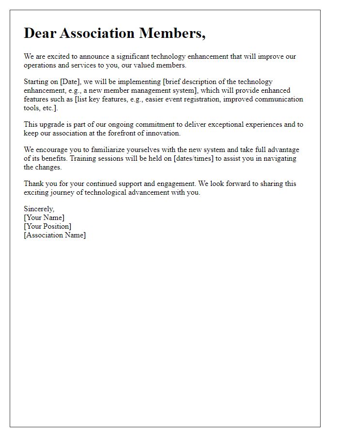 Letter template of technology enhancement announcement for association members