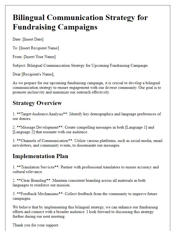 Letter template of bilingual communication strategy for fundraising campaigns.