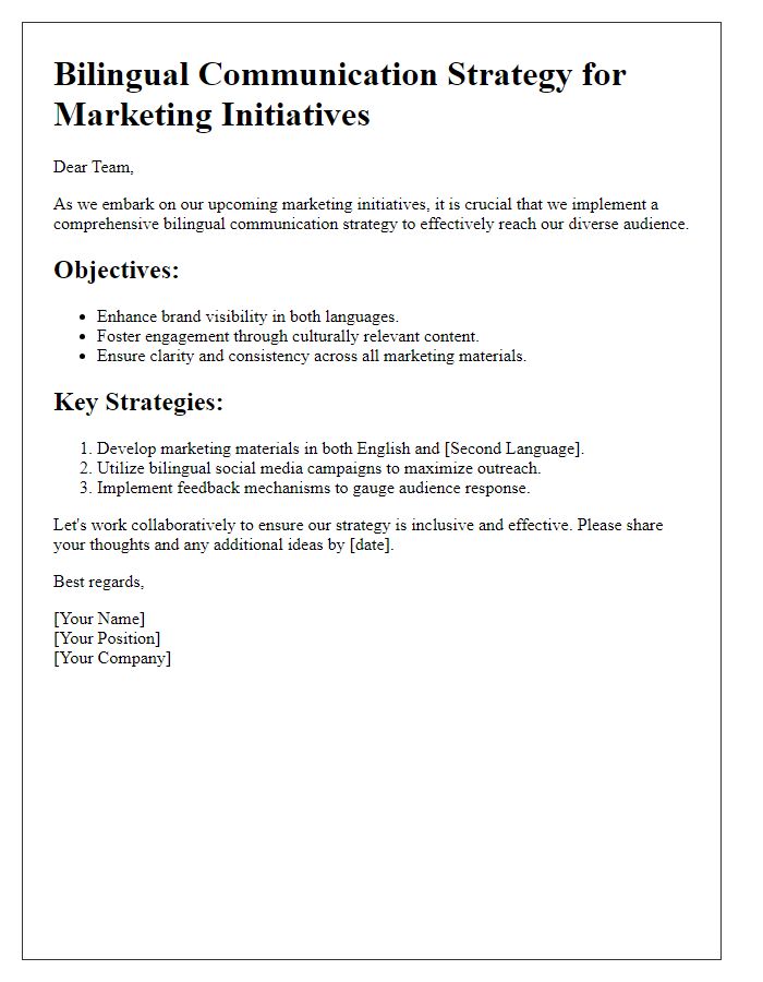 Letter template of bilingual communication strategy for marketing initiatives.