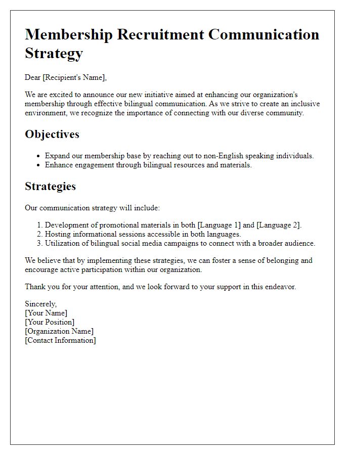 Letter template of bilingual communication strategy for membership recruitment.