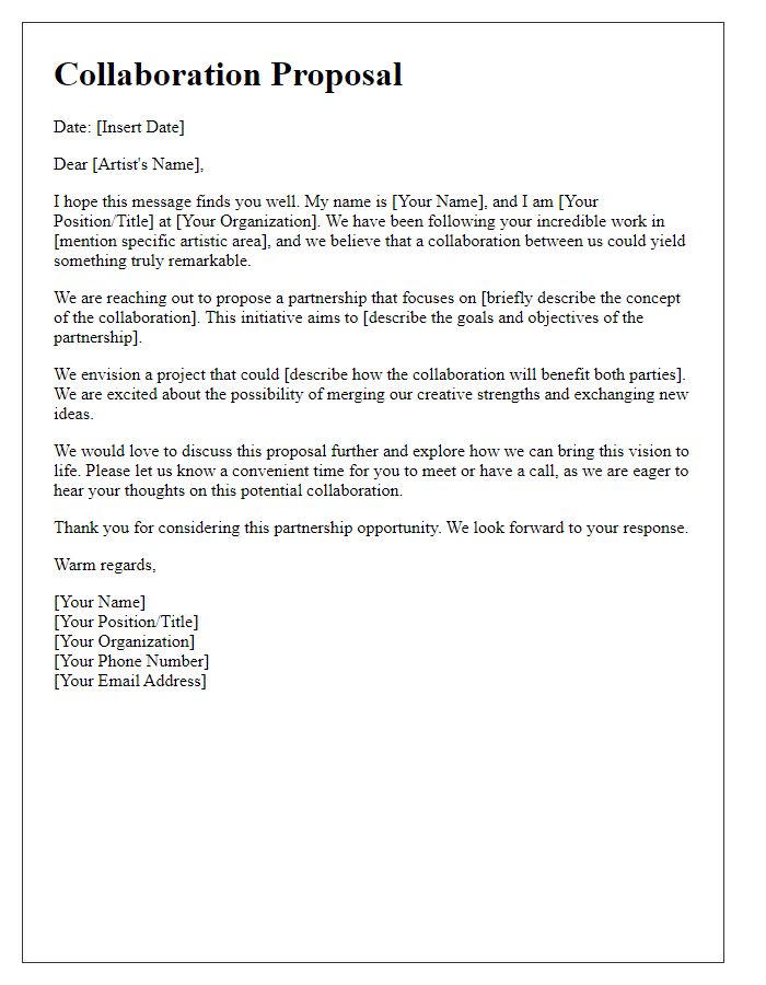 Letter template of artistic partnership collaboration proposal