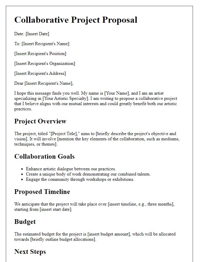 Letter template of collaborative project proposal for artists