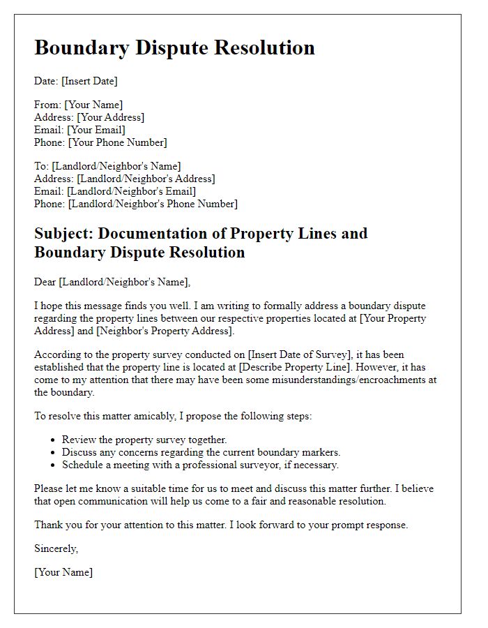 Letter template of tenant boundary dispute resolution - documentation of property lines