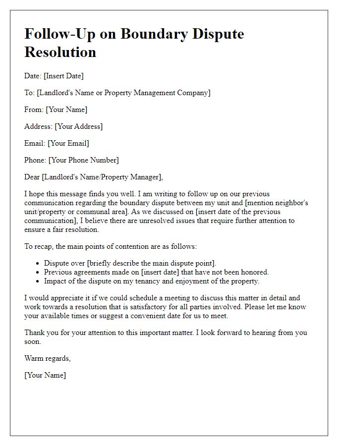 Letter template of tenant boundary dispute resolution - follow-up on previous communication