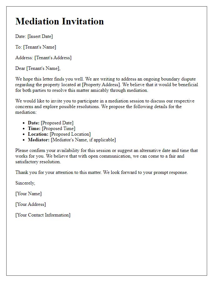 Letter template of tenant boundary dispute resolution - mediation invitation