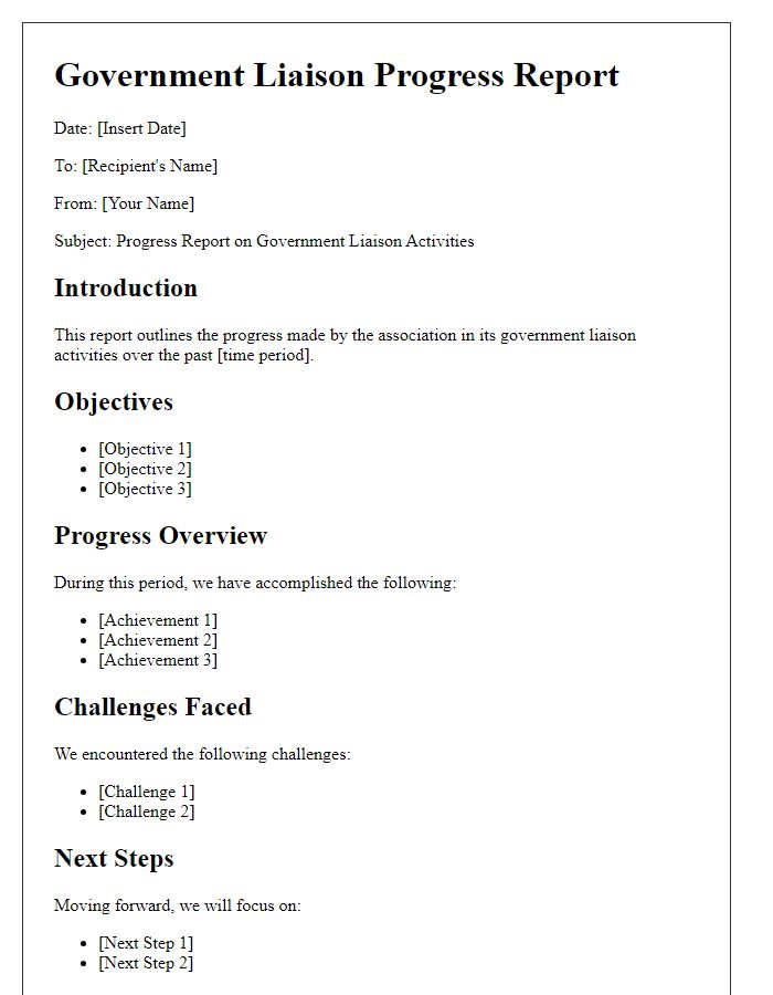 Letter template of association government liaison progress report