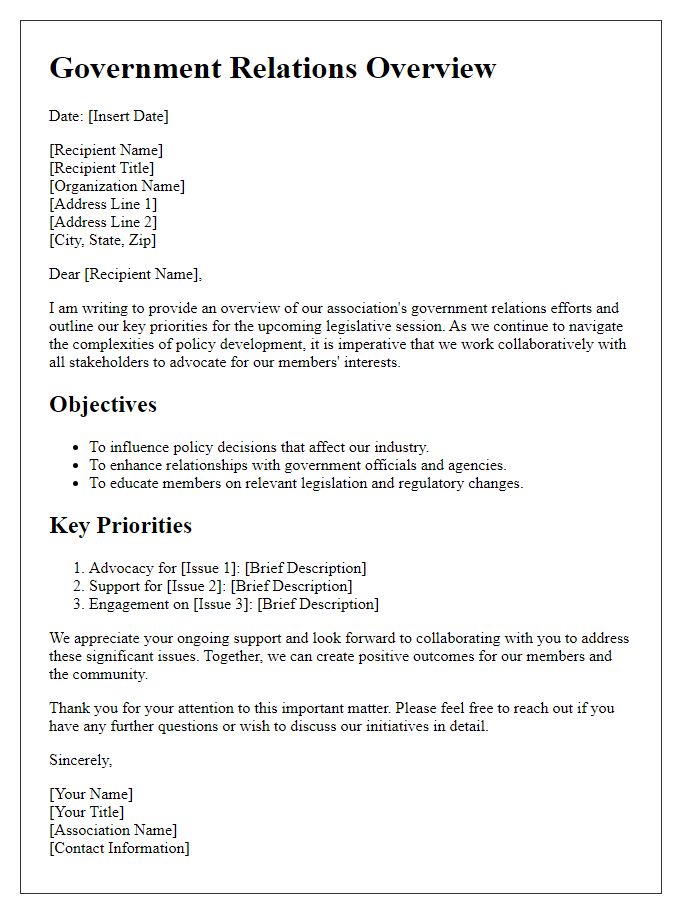 Letter template of association government relations overview