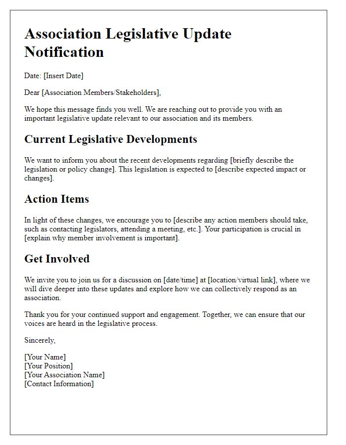 Letter template of association legislative update notification