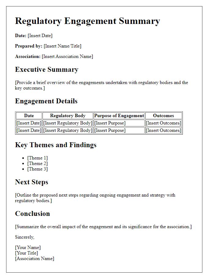 Letter template of association regulatory engagement summary