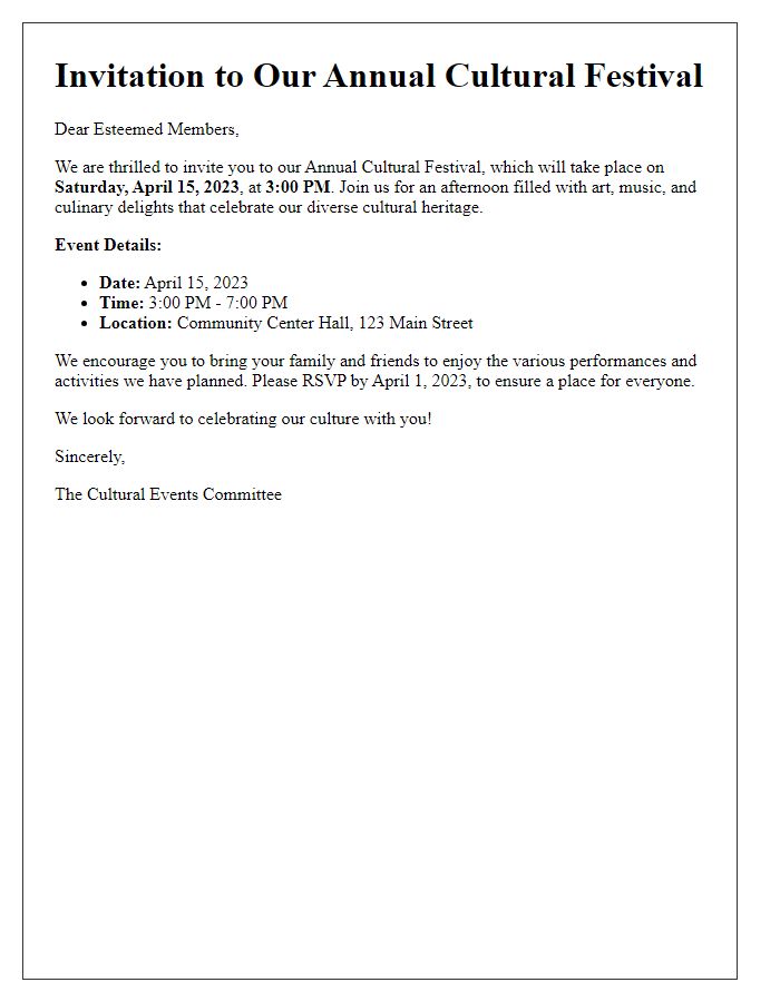 Letter template of cultural event invitation for members of the association