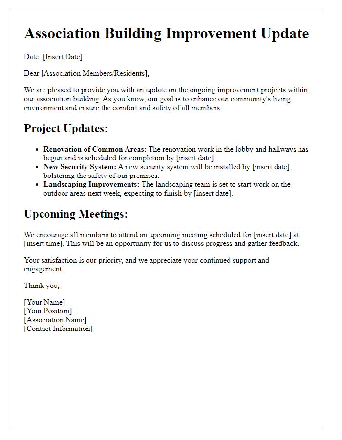 Letter template of association building improvement update