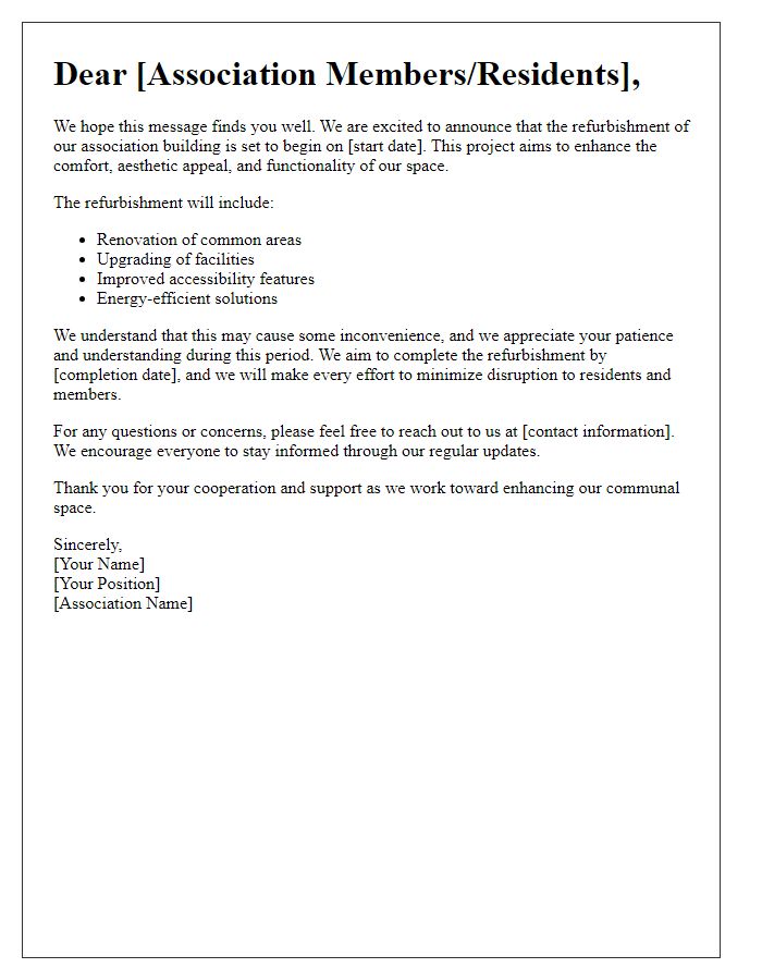 Letter template of association building refurbishment communication