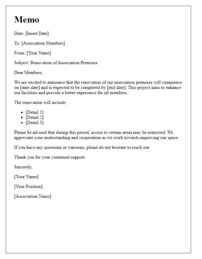 Letter template of association premises renovation memo