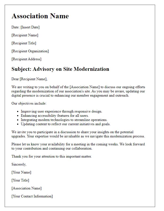 Letter template of association site modernization advisory