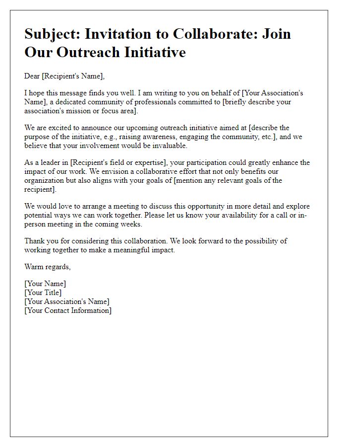 Letter template of outreach initiative for association involvement.