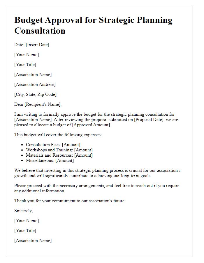 Letter template of budget approval for association strategic planning consultation.