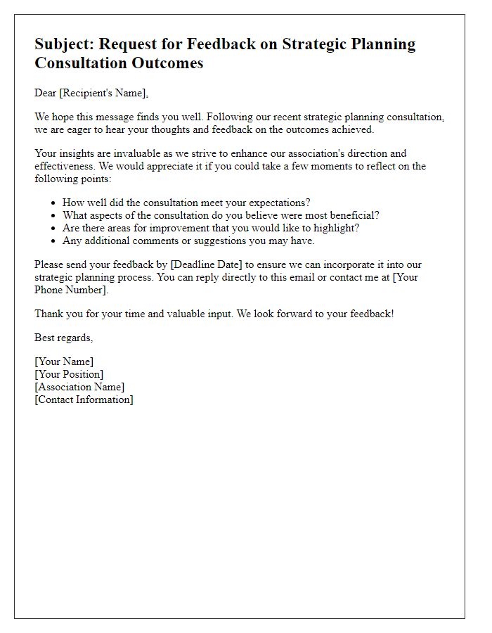 Letter template of feedback request for association strategic planning consultation outcomes.