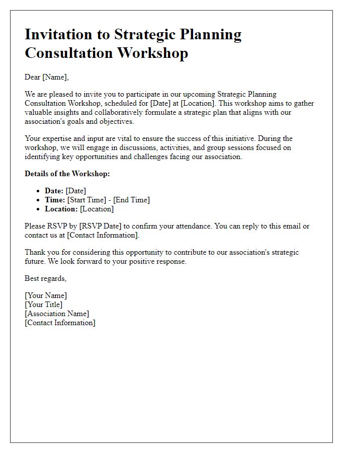 Letter template of invitation to association strategic planning consultation workshop.