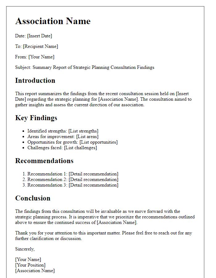 Letter template of summary report for association strategic planning consultation findings.