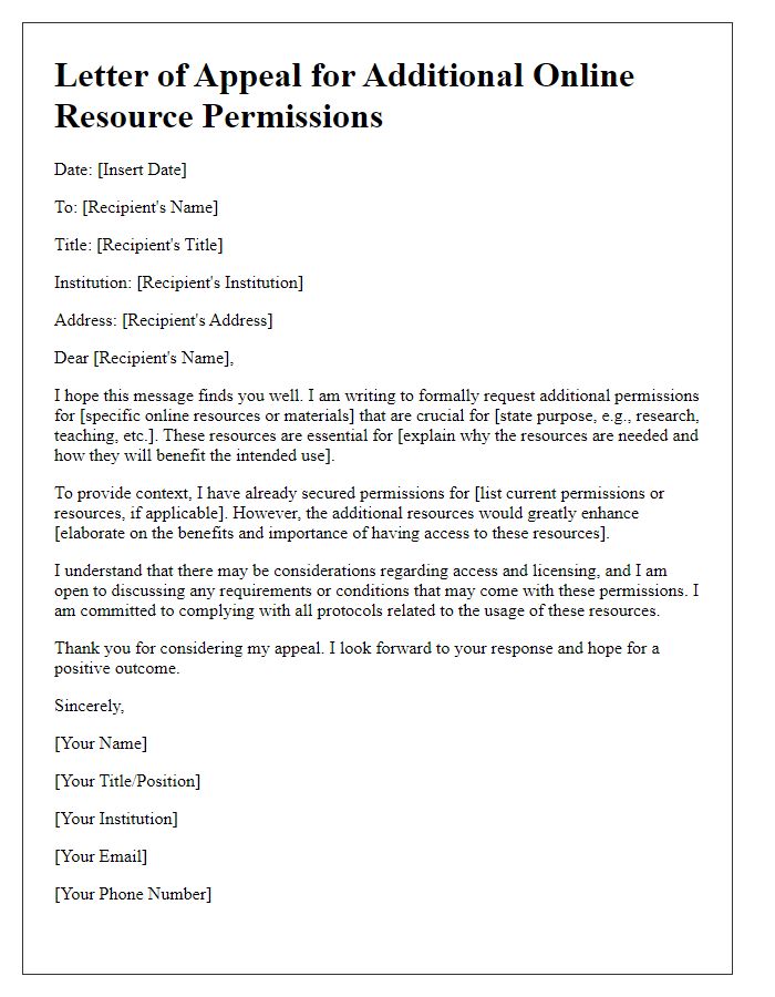 Letter template of appeal for additional online resource permissions.