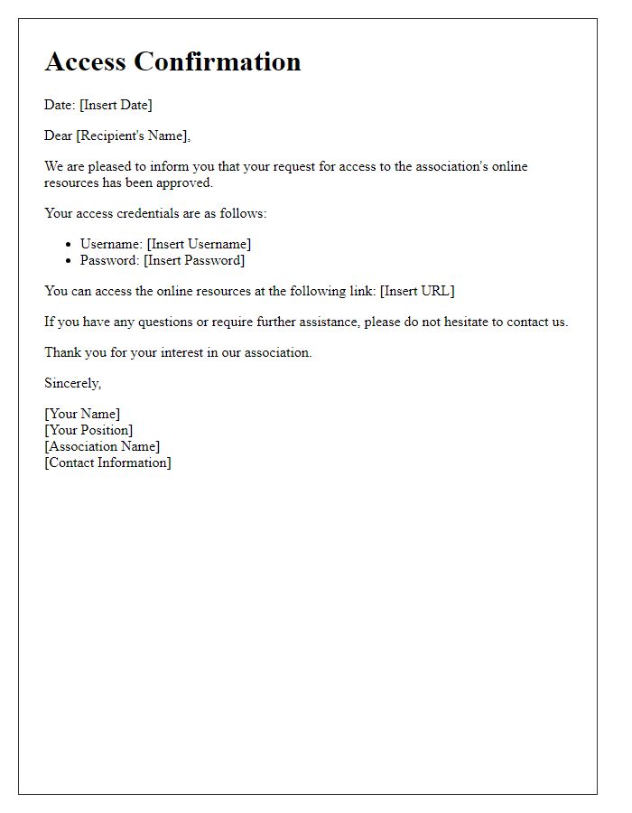 Letter template of confirmation for access to the association's online resources.