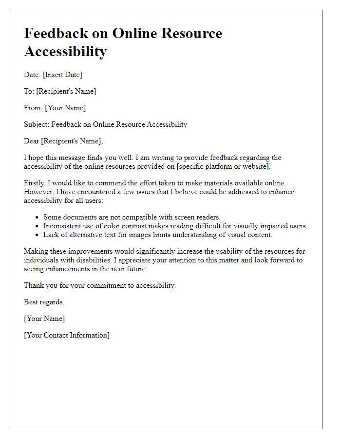 Letter template of feedback regarding online resource accessibility.