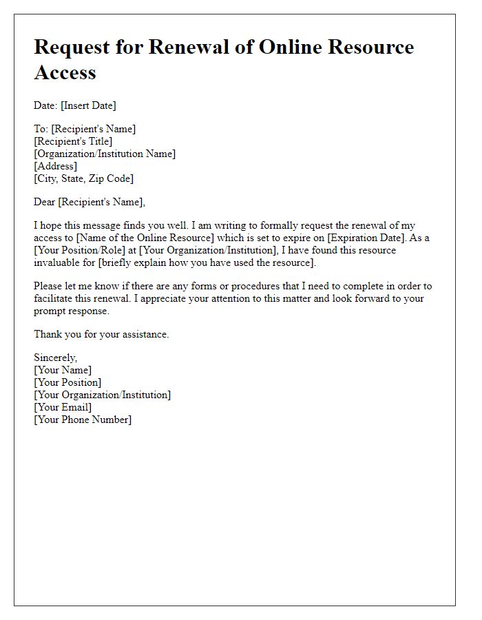 Letter template of renewal request for online resource access.