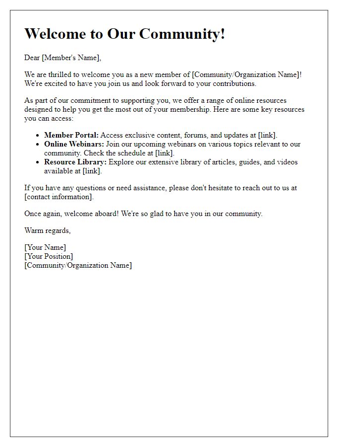 Letter template of welcome for new members regarding online resources.